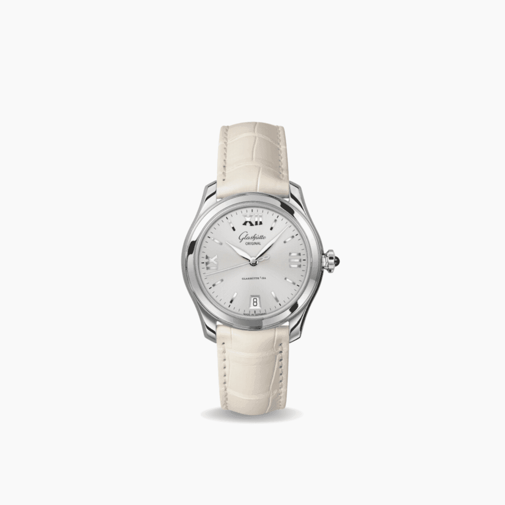 Glashütte Original Lady Serenade 36.0mm, Silver dial, White Leather Strap