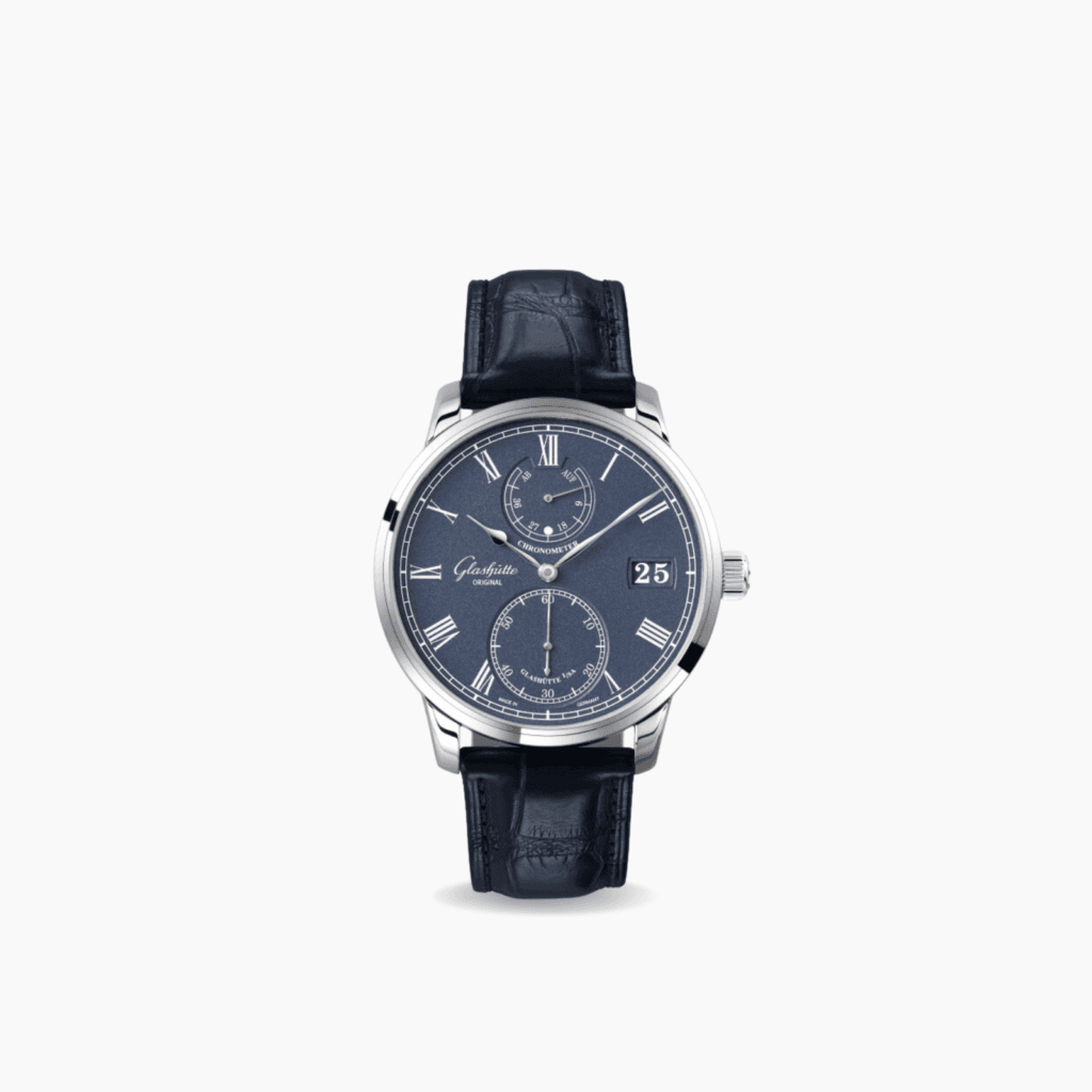 Glashütte Original Senator Chronometer 42mm, Varnished Blue-Graine Dial, 18K White Gold