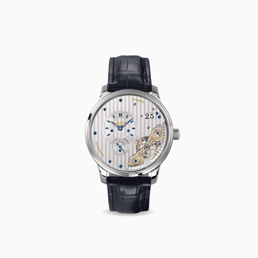Glashutte PanoMaticlnverse Watch 42mm, Silver Matt Off-Centre Dial