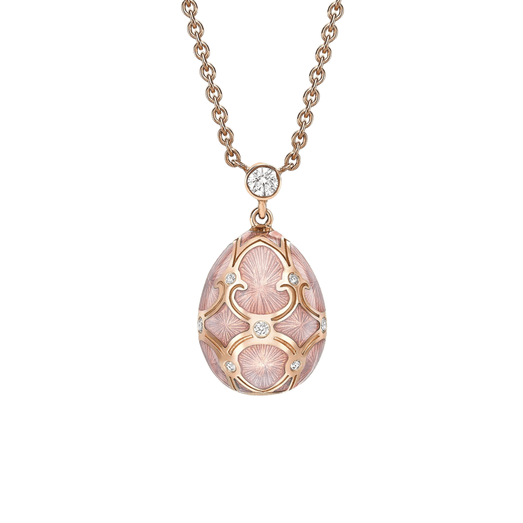 Fabergé Heritage Pink Guilloché Enamel Petite Egg Pendant - closer look on the egg
