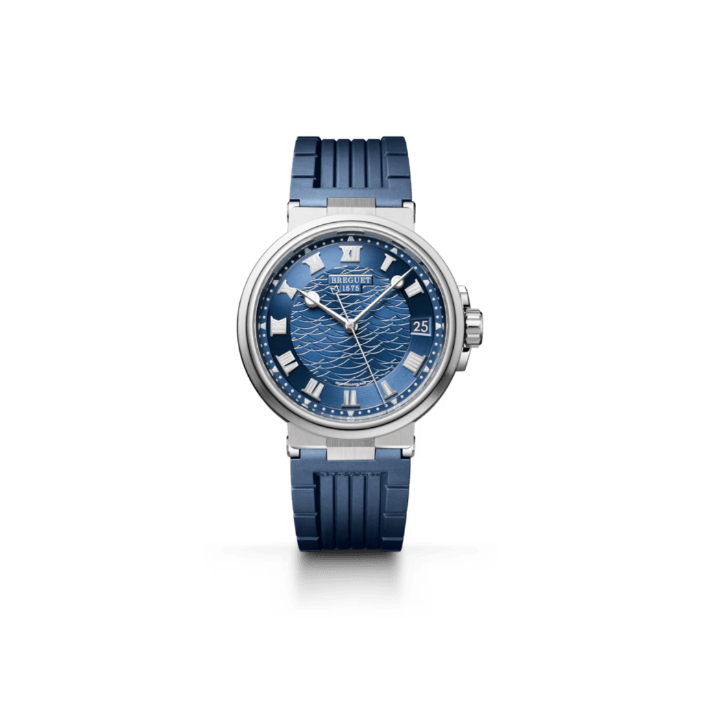 Marine Date 40mm, 18K White Gold, Blue Rubber Strap