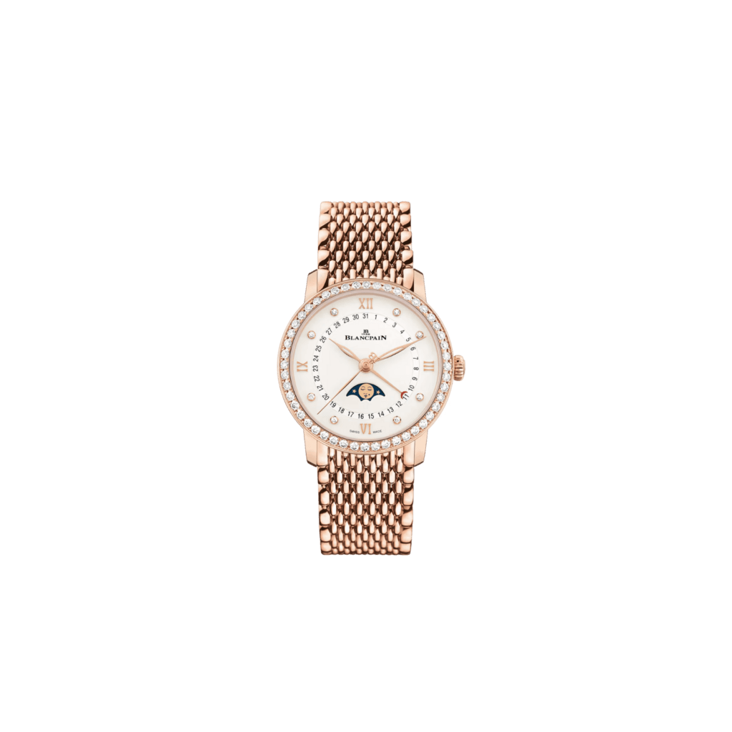 Villeret Quantieme Phases de Lune 33.2mm, Diamonds, Mille Mailles Gold Strap