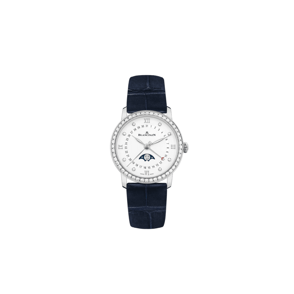 Blancpain Villeret Quantième Phase de Lune, Stainless Steel, Diamond & Blue Strap