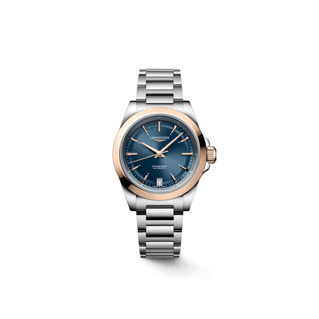  Longines Conquest 34mm, Steel & Rose Gold Case and sunray blue dial
