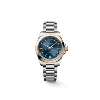 Longines Conquest 34mm, Steel & Rose Gold Case and sunray blue dial