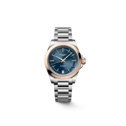 Longines Conquest 34mm, Steel & Rose Gold Case and sunray blue dial