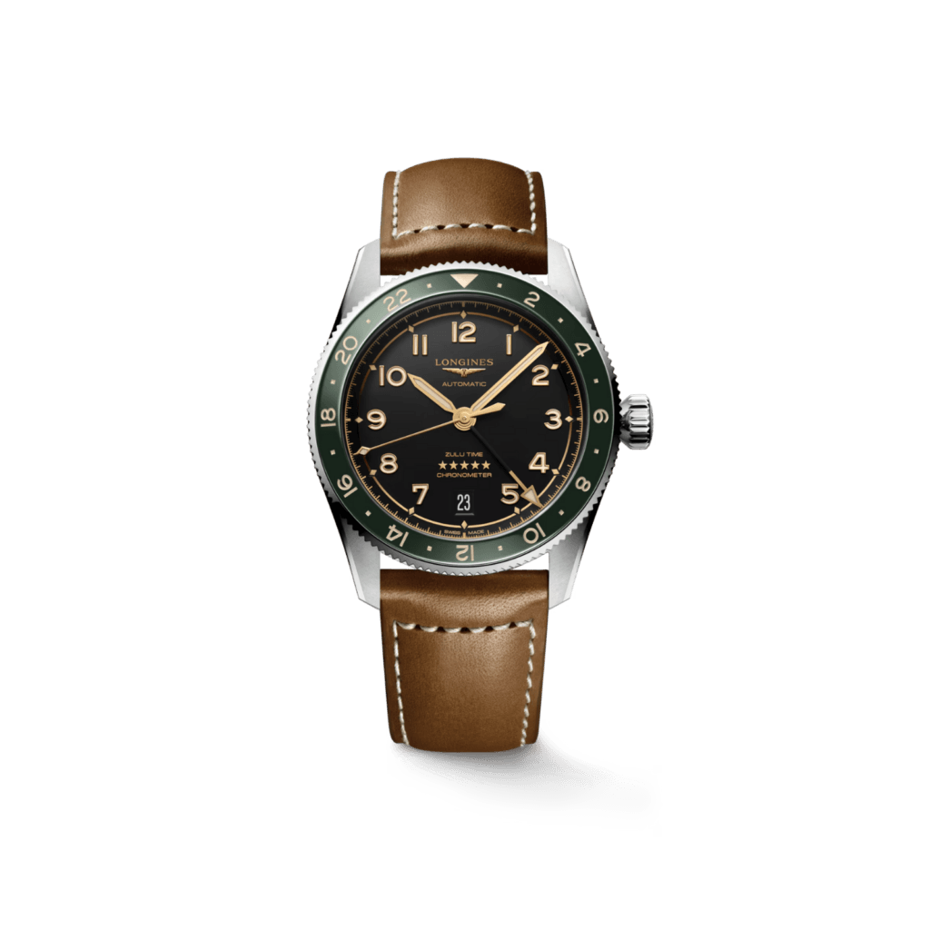 Longines Spirit Zulu Time Men's Watch 42mm, Green Bezel, Brown Leather Strap