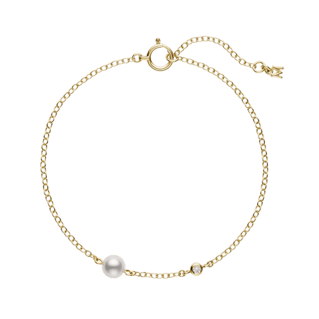 Akoya Cultured Pearl and Diamond Station Bracelet in 18K Yellow Gold