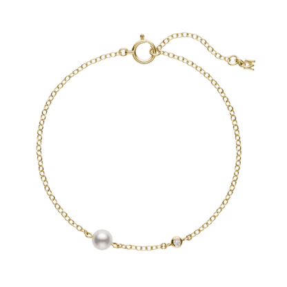 Akoya Cultured Pearl and Diamond Station Bracelet in 18K Yellow Gold