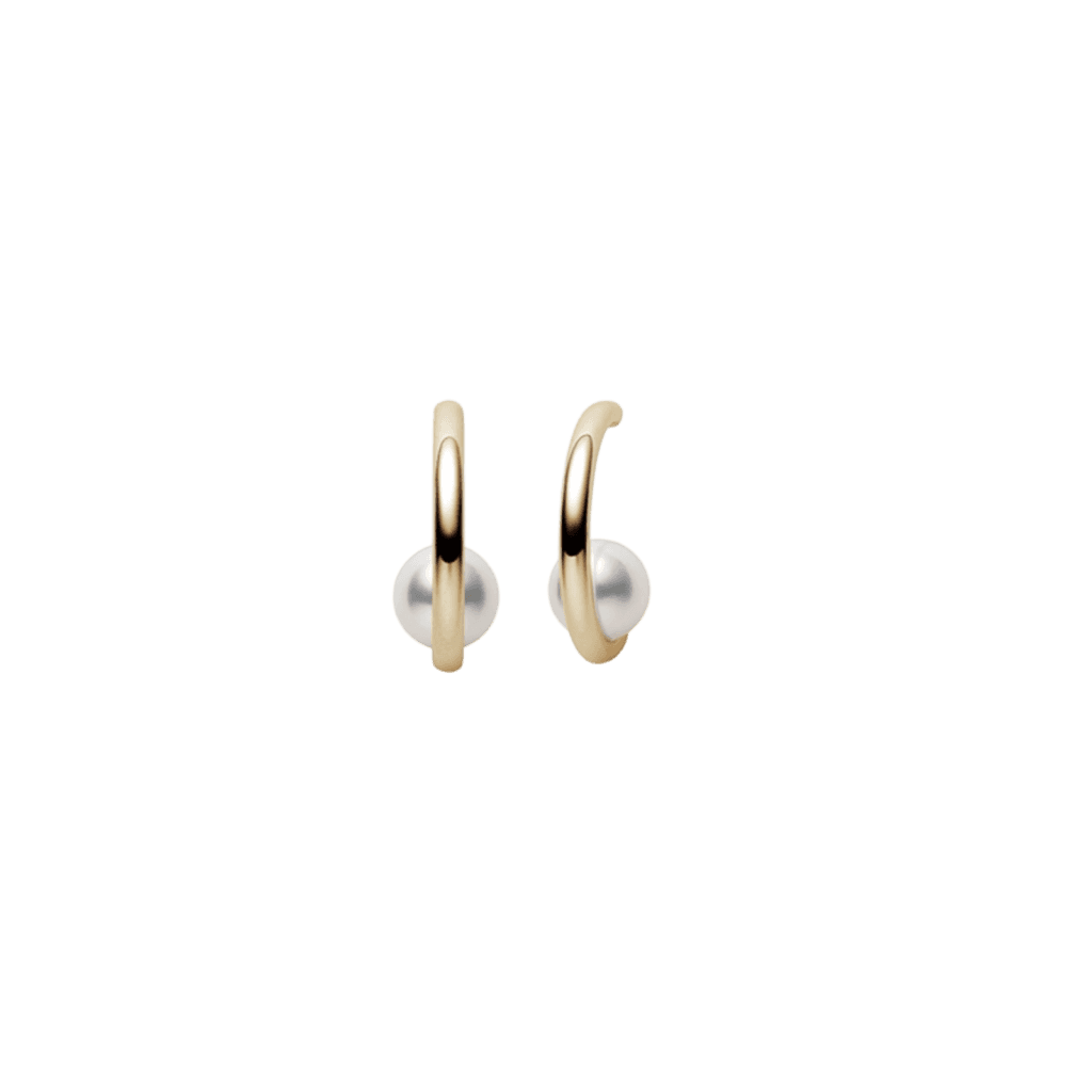 Mikimoto Classic Akoya Cultured Pearl Semi Hoop Earrings in Yellow Gold.