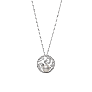 Classic Akoya Pearl and Diamond Circle Swirl Pendant