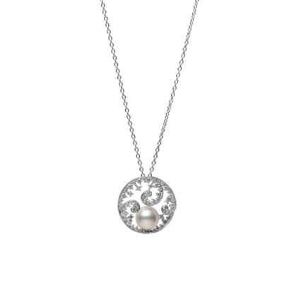 Classic Akoya Pearl and Diamond Circle Swirl Pendant