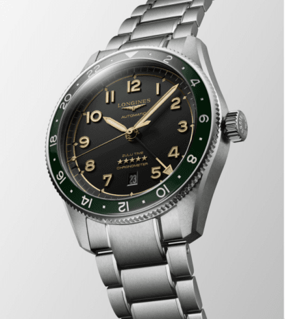 Longines Spirit Zulu Time Men's Watch 42mm, Green Bezel, Stainless Steel Bracelet
