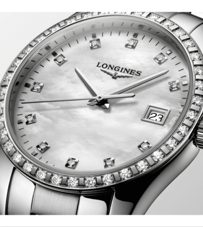 Conquest Classic Diamond Watch 34mm, Mother-of-Pearl Dial, Lady Watch Close up