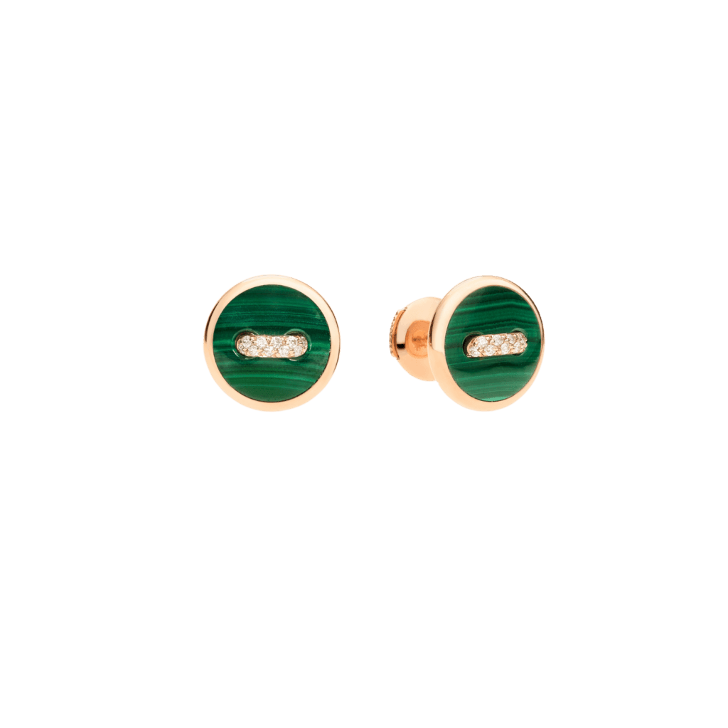 Pomellato Pom Pom Dot Earrings in 18k Rose Gold with Malachite and Diamonds.
