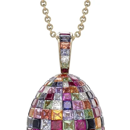 Imperial Yellow Gold Mosaic Ruby, Sapphire & Diamond Egg Pendant - closer look