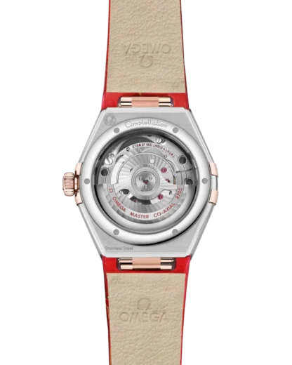 back view - Constellation 29 mm, steel - Sedna™ gold on red leather strap
