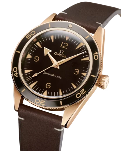 closer view - Seamaster 300 41 mm, Bronze gold on brown leather strap