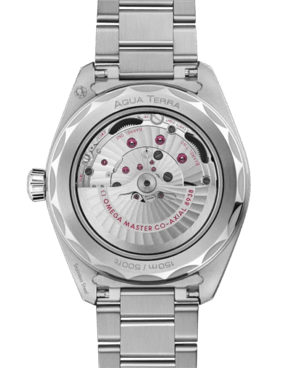Transparent caseback of Omega Seamaster Aqua Terra 150M showing Calibre 8938 movement