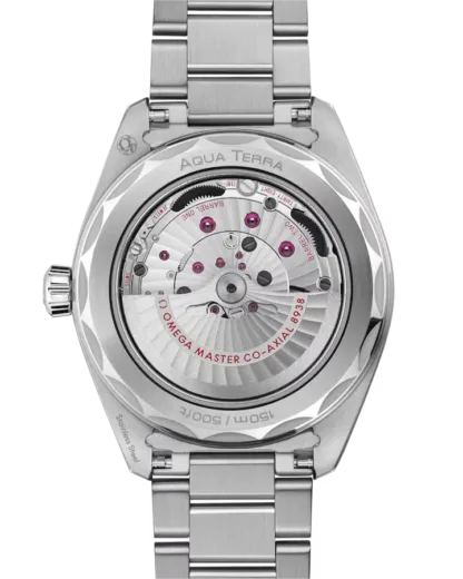 Transparent caseback of Omega Seamaster Aqua Terra 150M showing Calibre 8938 movement
