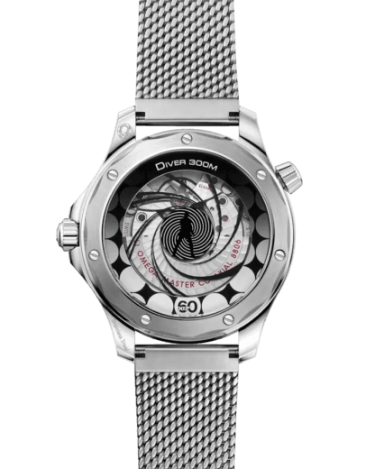 ransparent caseback of Omega Seamaster Diver 300M showing the Omega Master Chronometer Calibre 8806