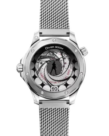 ransparent caseback of Omega Seamaster Diver 300M showing the Omega Master Chronometer Calibre 8806