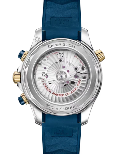 back view - Seamaster Diver 300M 44 mm, steel - yellow gold on blue rubber strap