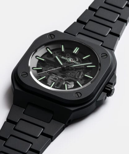 Closer look of the BR-05 Skeleton Black Lum Ceramic, 41mm