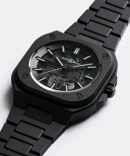 Closer look of the BR-05 Skeleton Black Lum Ceramic, 41mm