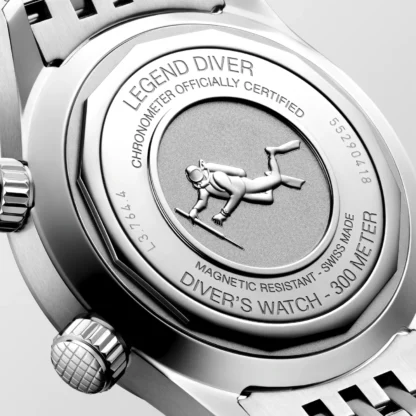 closer look at the back case of the Longines Legend Diver 39mm, Stainless Steel, Green Lacquered Polished
