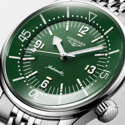 Closer look at the dial of the Longines Legend Diver 39mm, Stainless Steel, Green Lacquered Polished