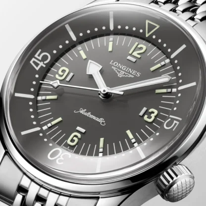 Closer look of the dial of the Longines Legend Diver 39mm, Stainless Steel, Grey Dial