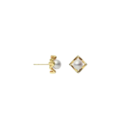 M Collection Akoya Cultured Pearl Earrings in 18K Yellow Gold side view