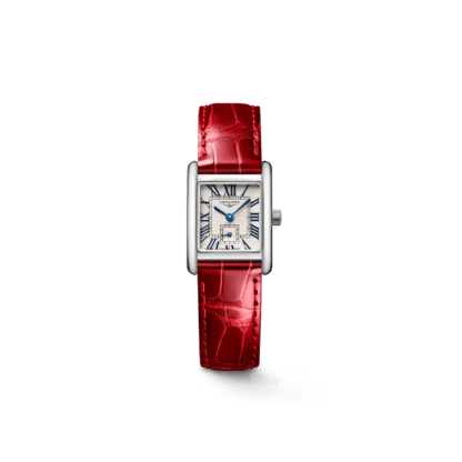 Longines Mini DolceVita 21.50mm x 29mm, Silver flinqué Dial & Red Strap