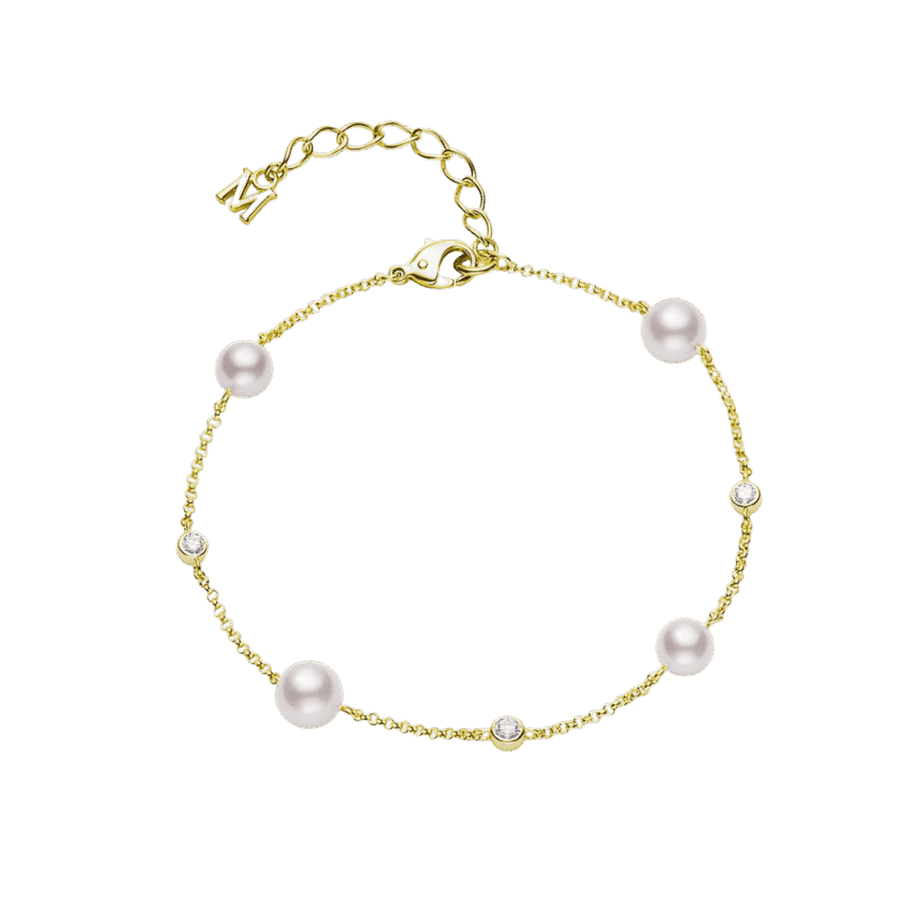Mikimoto Akoya Cultured Pearl and Diamond Station Bracelet in 18K Yellow Gold