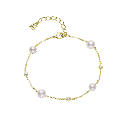 Mikimoto Akoya Cultured Pearl and Diamond Station Bracelet in 18K Yellow Gold