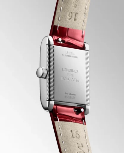 Mini DolceVita 21.50mm x 29mm, Silver "flinqué" Dial & Red Strap - back side
