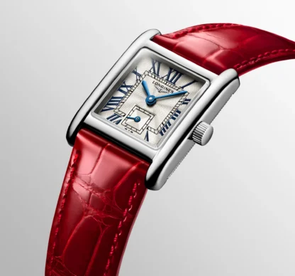 Mini DolceVita 21.50mm x 29mm, Silver "flinqué" Dial & Red Strap - side view