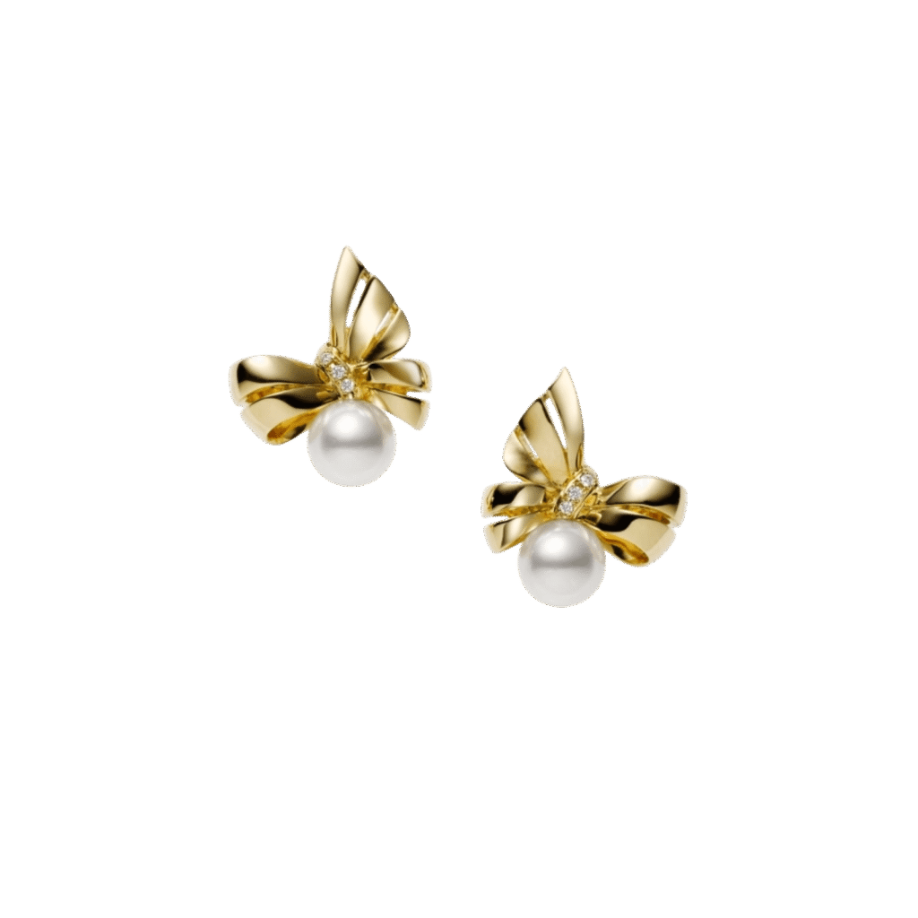 Jeux de Rubans Akoya Cultured Pearl and Diamond Earrings in 18K Yellow Gold