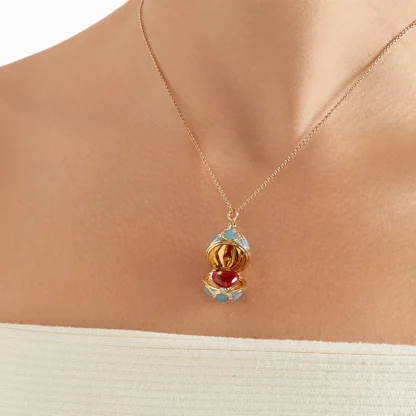 Heritage Yellow Gold Diamond & Turquoise Guilloché Enamel Heart Surprise Locket - on the neck