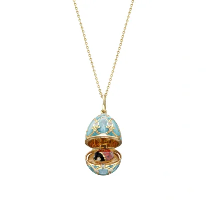 Heritage Yellow Gold Diamond & Turquoise Guilloché Ladybird Surprise Locket - egg pendant