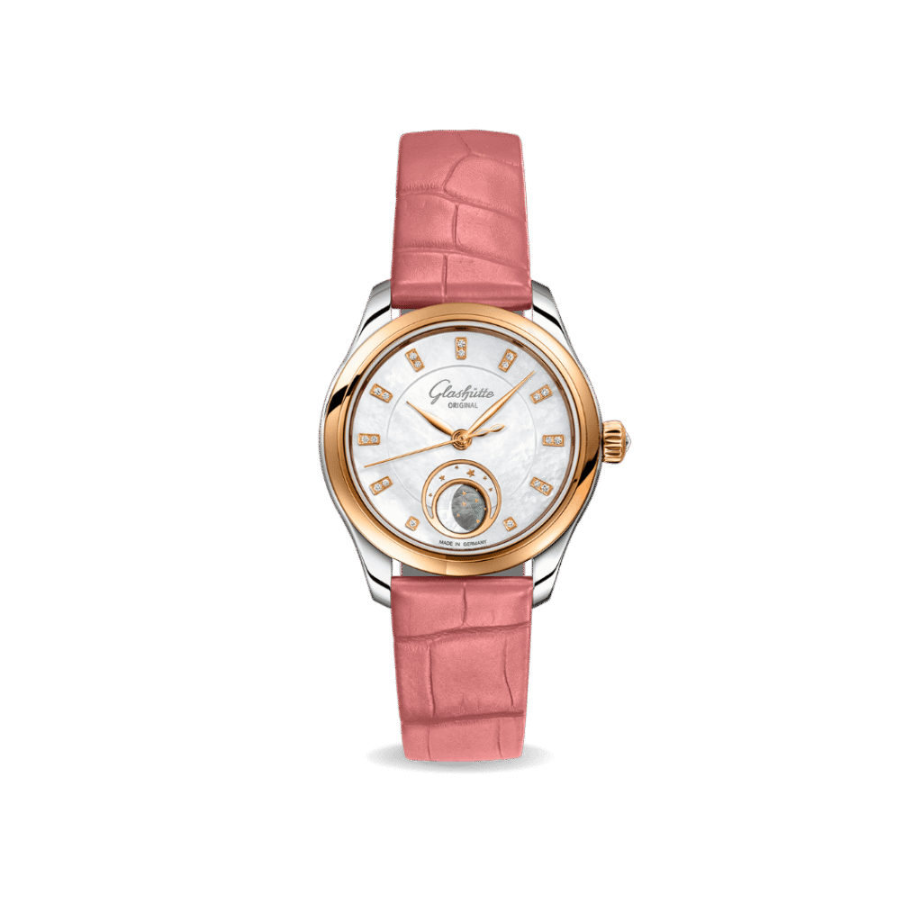 The Serenade Luna with white mother-of-pearl dial and pink strap