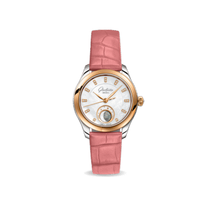 The Serenade Luna with white mother-of-pearl dial and pink strap