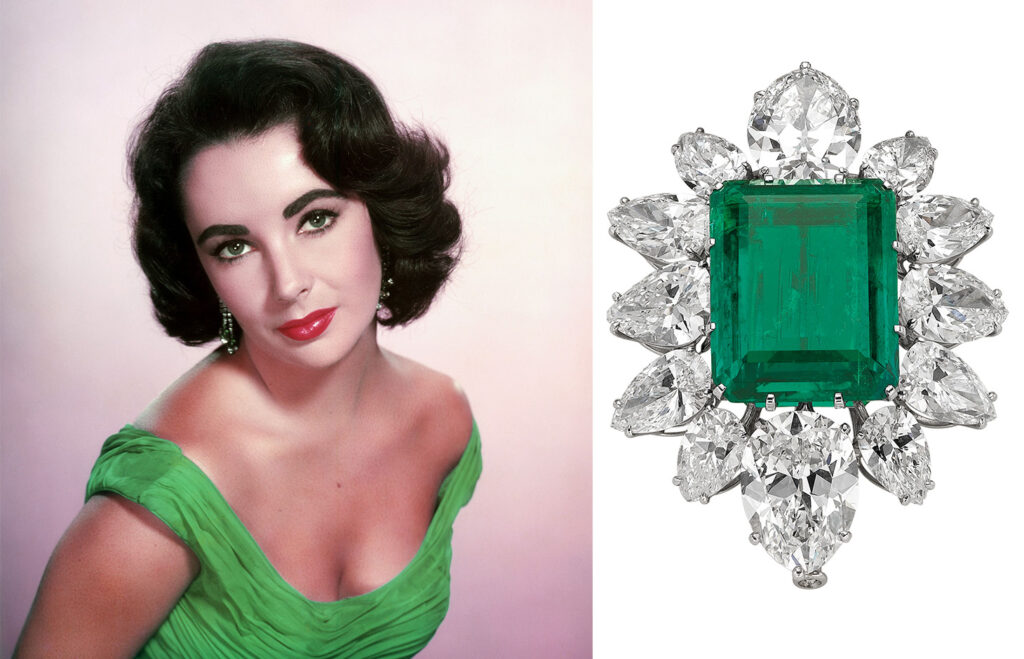 May Birthstone - Elizabeth Taylor Emerald and Diamond Brooch