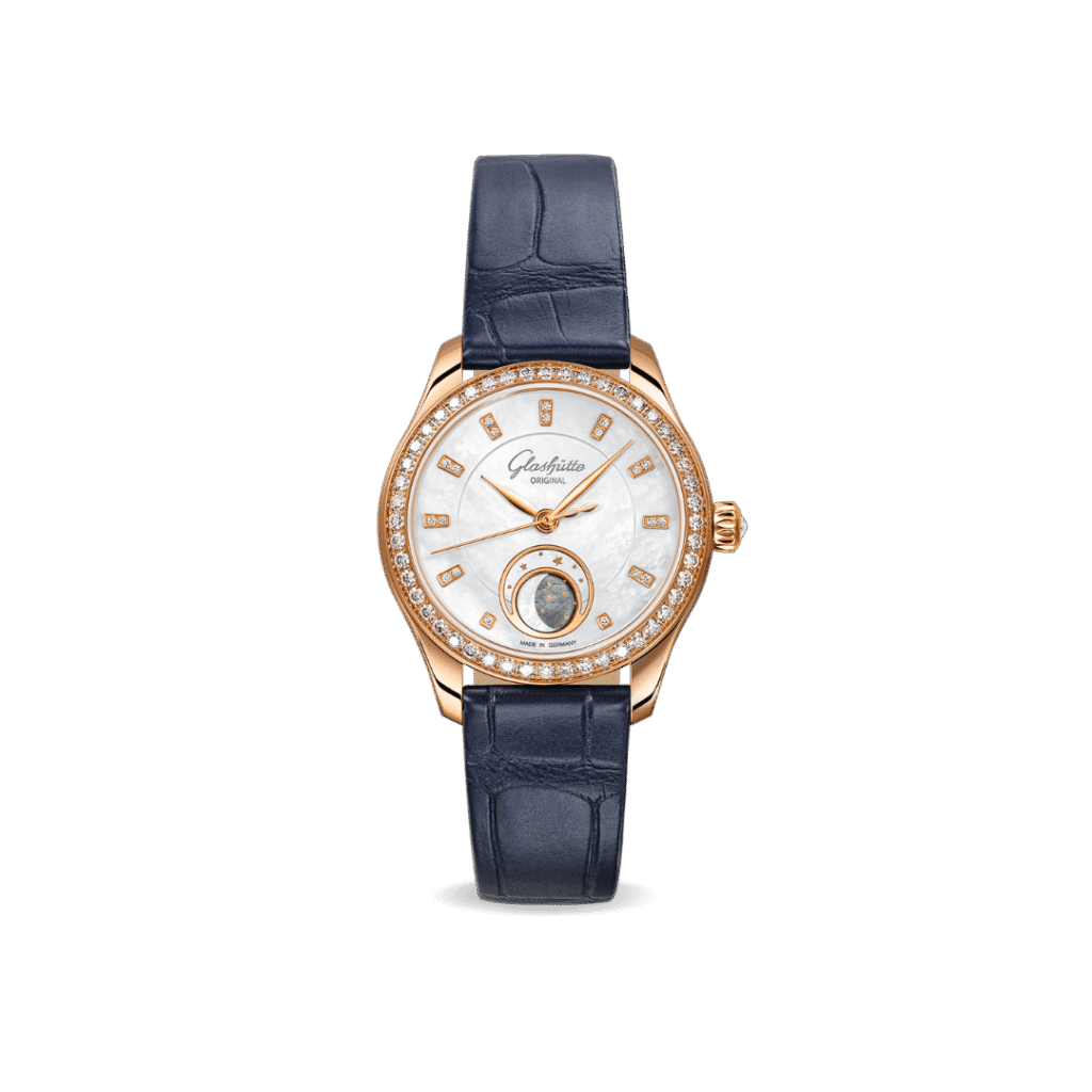 The Serenade Luna with white mother-of-pearl dial and blue strap