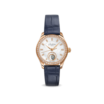 The Serenade Luna with white mother-of-pearl dial and blue strap