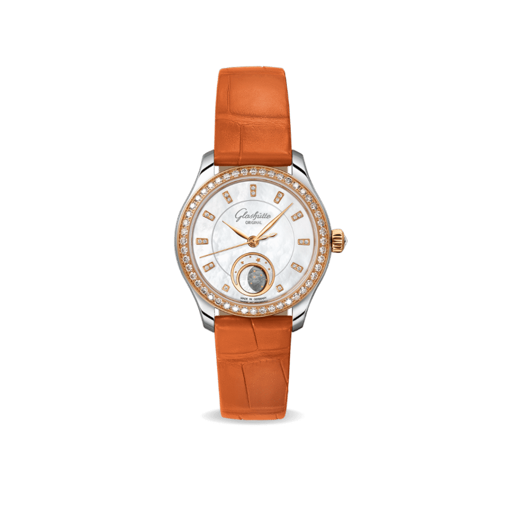 The Serenade Luna with white mother-of-pearl dial and orange strap
