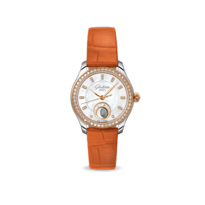 The Serenade Luna with white mother-of-pearl dial and orange strap