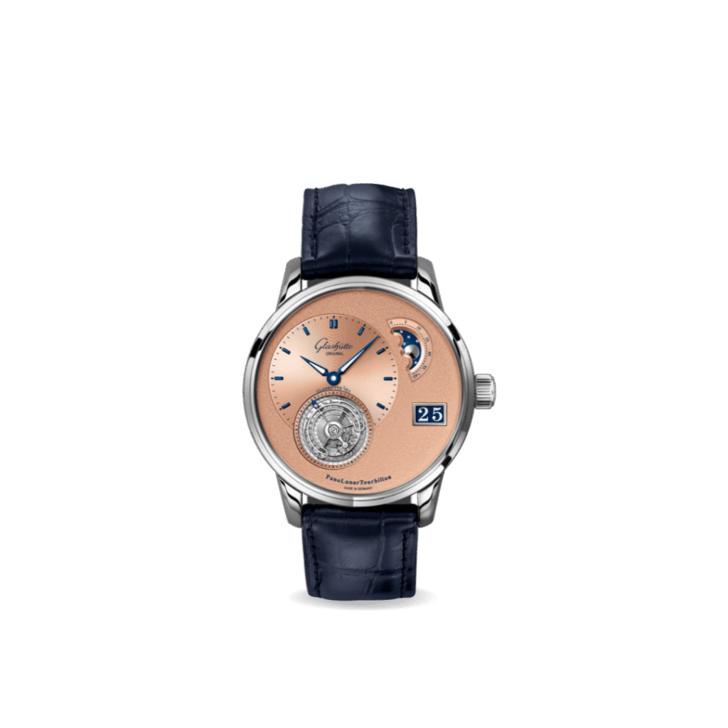 PanoLunarTourbillon: a stunning timepiece in platinum. Rose-coloured dial, Flying Tourbillon, leather strap.