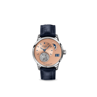 PanoLunarTourbillon: a stunning timepiece in platinum. Rose-coloured dial, Flying Tourbillon, leather strap.
